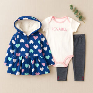 Carter’s Baby Girl 3-Piece Outfit Set Heart Hoodie, Bodysuit & Leggings 9 Months